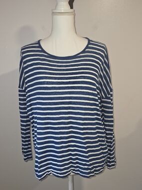 J. Crew Blue and White Striped Long-Sleeve 100% Linen Shirt Women's Size XS